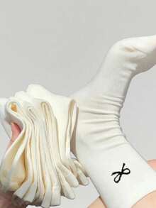 1/5/10 双女童纯色蝴蝶结中筒袜，简约甜美可爱女童长袜，舒适百搭，学生踝袜，休闲及膝袜，适合 8-16 岁女孩日常穿着，四季皆宜，柔软亲肤 - 彩色 - 查看 4