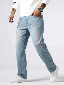 1 pieza Pantalones vaqueros azules de corte recto y ajuste regular para hombre, estilo de calle cómodo adecuado para caminar en la ciudad y actividades al aire libre - Azul lavado medio - Ver 3