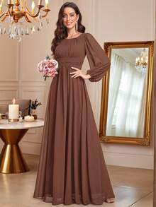 优雅雪纺圆领灯笼袖长袖棕色伴娘礼服，适合特殊场合、晚宴、冬季婚礼宾客穿着，女士连衣裙