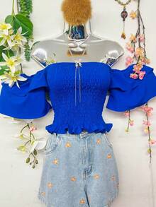 B-115Cropped Lastex Women's  Long Sleeve Women's Blouse Cropped Various Colors Strapless - Xanh đậm - Xem 4