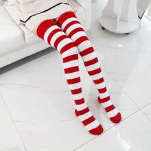 Kayhoma Extra Long Cotton Stripe Thigh High Socks Over The Knee High Socks{"Size_name":"Medium","Color_name":"Red/White&Green/White"} - 紅/白&綠/白 - 查看 7