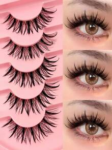 Asiteo 5 Pairs New Design Manga Wet Look Lashes Anime Lashes Clear Band Wispy Natural Long Faux Mink Lash Thick Cross Soft Full Strip Eyelashes - 尖尾漫畫款 - 查看 2