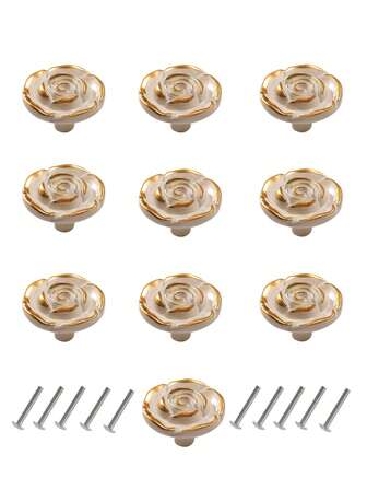 10pcs European Style White Rose Flower Cabinet Handles, Suitable For Wardrobe, Drawers, Kitchen Cabinets, Furniture, Shoe Cabinet, Vanity, Dining Room Cabinet, Minimalist Lacquered Craftsmanship, Handpainted Pattern, Zinc Alloy Material, Screws Included
