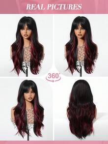 Topshe Ava WIGS 26吋紅色漸層黑色合成假髮，附瀏海，無需黏膠，耐熱，無蕾絲，黑色與紅色長波浪假髮，適合女性日常、派對、Cosplay、節日禮物、時尚選擇、萬聖節 - 拼色 - 查看 9