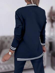 Women's Casual Sports Striped Patchwork Jacket And Pants Suit - Navy Blue - View 5