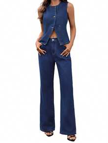 Womens Denim Two Piece Set With Pockets Stylish Solid Button Down Crew Neck Sleeveless Vest And Flared Jeans - 藍色 - 查看 6