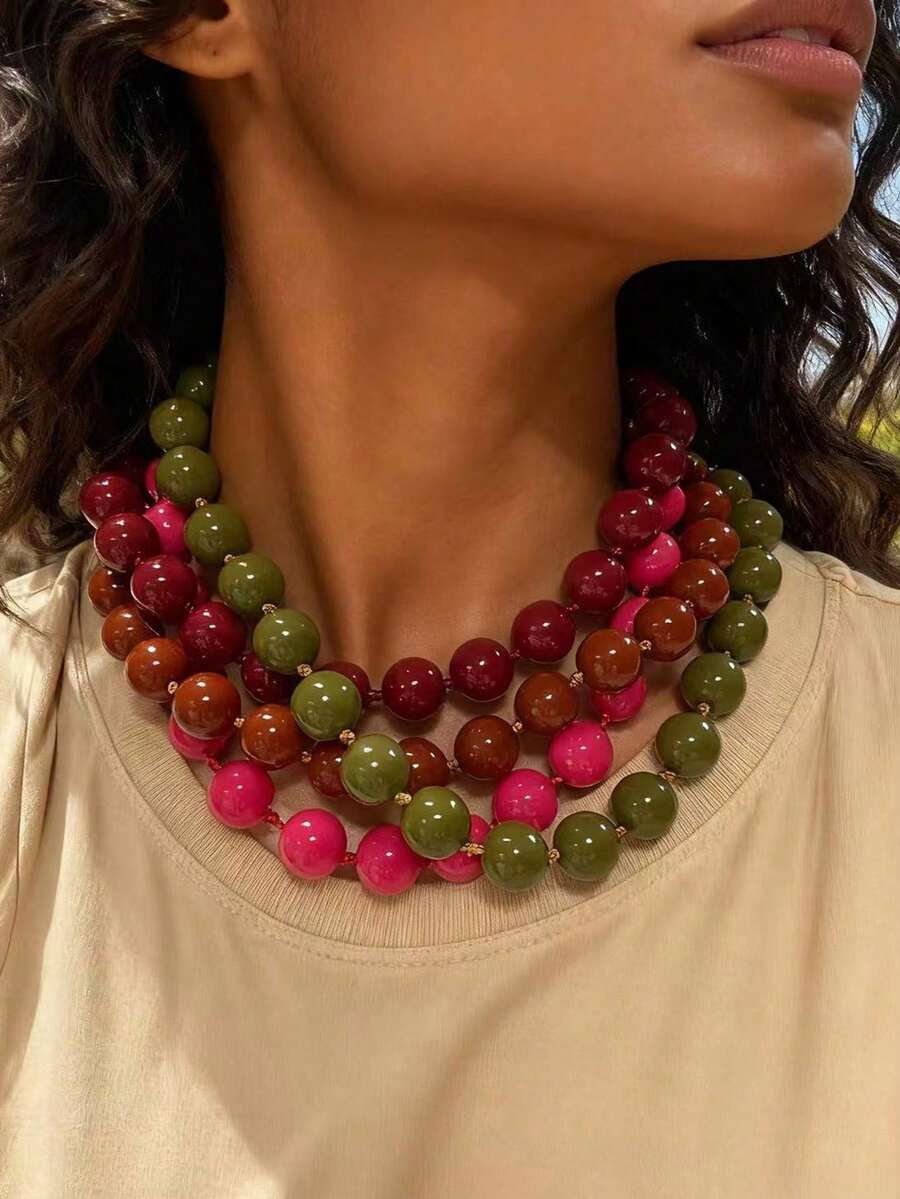 1pc Fashionable Minimalist Versatile Round Acrylic Beaded Necklace, Suitable For Women's Vacation And Daily Wear - Multicolor - View 1