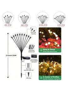 2 Packs 6/8/10 /12Led Solar Garden Lights, Outdoor Firefly Lights Waterproof Solar Garden Lights Swinging Outdoor Lights Suitable For Courtyard Terrace Passageway Walkway Decoration, Warm White Halloween Christmas Thanksgiving Gift