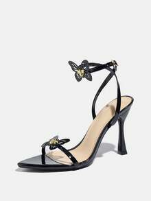 女士时尚高跟鞋，优雅蝴蝶装饰闪亮奢华系带凉鞋，尖头细高跟鞋适合夜总会、派对、舞台表演、户外、约会、购物、办公室穿着，黑色，百搭 - 黑色 - 查看 4