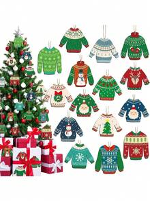 15 piezas Juego de llavero de pintura de diamantes de suéter feo de Navidad, Arte de diamante 5D DIY, Adorno de mochila, Decoración navideña, Regalos hechos a mano