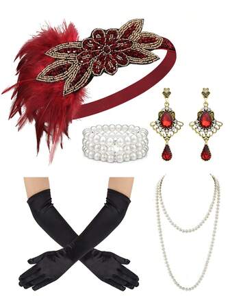 5件套1920年代复古女郎风格女士服装配饰套装，包括羽毛发箍、复古珍珠项链、手套、水钻耳环和派对头饰，适合女性佩戴。