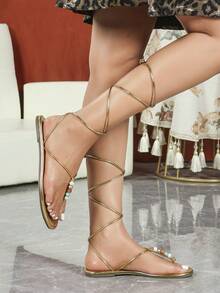 Sandalias planas con cordones de cuentas de colores y puntera redonda, simples y de moda, cómodas para uso diario, zapatos de mujer de punta abierta - Dorado - Ver 8