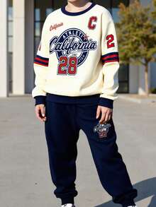 Set de 2 piezas: Sudadera con cuello redondo y estampado de letras casual + Pantalones con cordón para niños, conjunto de ropa deportiva de moda para adolescentes, primavera/otoño/invierno