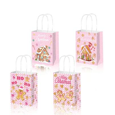 4pcs Christmas Pink Gingerbread House, Snowman, Lollipop Party Favor Gift Candy Paper Bags