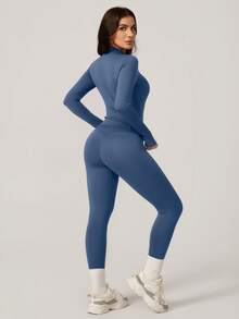 1 Set Women's Slim Fit Zip-Up Collar Long Sleeve Pants Sports Suit - 藍色 - 查看 8