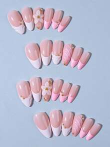 24pcs Almond Shaped 3D Gel Nail Stickers, Floral Nail Art Design, French Tip Style, Medium Size Metal Cross Decor, Pearl Accent, Perfect For Acrylic Nail Tips, Includes: 1pc Jelly Gel And 1pc Nail File. Almond Shaped French Nail Stickers, Suitable For Women's Daily Work, Festivals And Parties. - 多色 3 - 查看 4