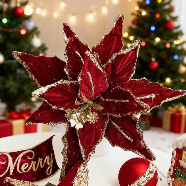 1 Stück 2025 Neue Samt Stoff Weinrot Weihnachtsblume Weiße Simulation Blume 26cm, Hochwertig Funkelnd, Exquisite Verzierung für Weihnachtsdekorationen, Innen- und Außen-Essentials, Festliche Atmosphäre Dekoration, Weihnachtsbaum Dekoration und Schnittblumen