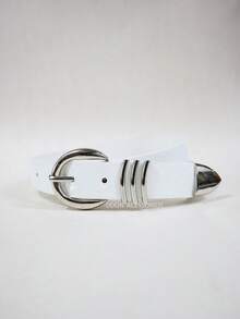 Vintage 's Belt With Silver Round Buckle In PU Leather - trắng - Xem 1