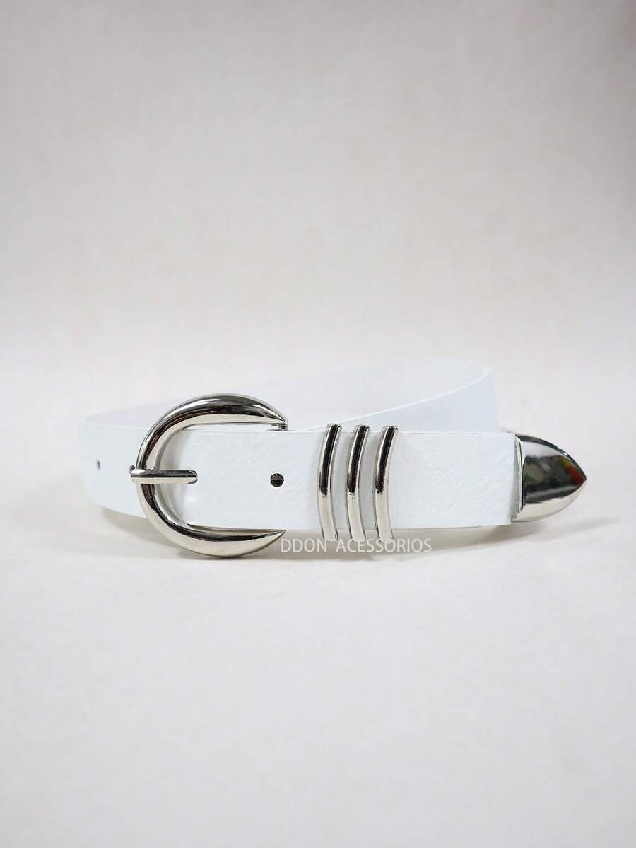 Vintage 's Belt With Silver Round Buckle In PU Leather - trắng - Xem 1