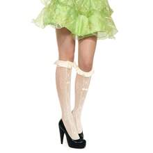Benefeet Sox Lace Knee High Socks Women Girls Patterned Mesh Fishnet Knee High Stockings Hollow Calf Lolita Sock{"Color_name":"Creamy-SatinRuffleBow"} - 奶油緞荷葉邊蝴蝶結 - 查看 5