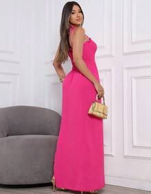 Elegant Long Dress With Adjustable Elasticated Straps And Side Slit. - Hot Pink - View 5