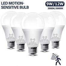 Kasotile 5 件装运动传感器 LED 灯泡，60/80 瓦当量，节能 9/12W，E26 E27 底座，日光白 6000K/暖光 3000k，不可调光 - 白色 - 查看 2
