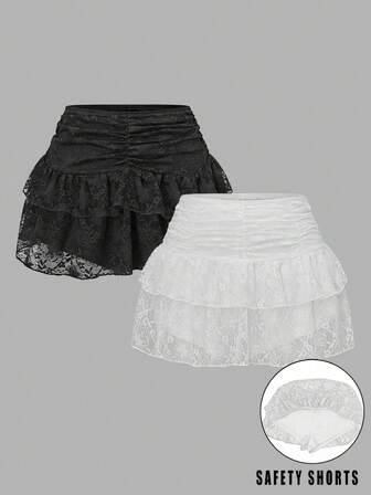 两件套女士黑白荷叶边多层褶皱可爱蛋糕裙，适合派对、购物和各种活动