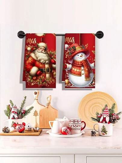 1/2/4Pcs Red & Golden Vintage Christmas Kitchen & Bath Towels - Super Soft Absorbent Holiday Tea Towels With Snowman & Santa Claus Design, 40x60cm Large Rectangular Dishcloths For Festive Table Setting