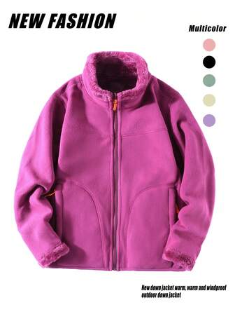 Damjacka med stående krage och dragkedja i fleece, enfärgad sherpajacka för höst/vinter, skidåkning