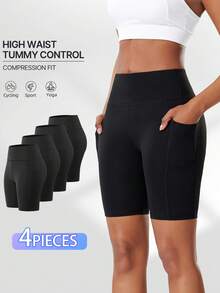 4pcs Women's Outdoor Shorts With Pockets, High Elastic Quick-Dry Breathable Sports Shorts For Running, Workout, Pilates, Yoga, Cycling, Soft And Comfortable Compression Waist Shorts - Black - View 1