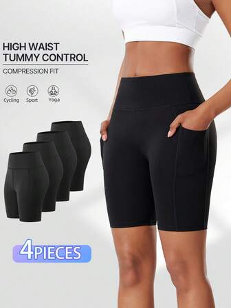 4pcs Women's Outdoor Shorts With Pockets, High Elastic Quick-Dry Breathable Sports Shorts For Running, Workout, Pilates, Yoga, Cycling, Soft And Comfortable Compression Waist Shorts