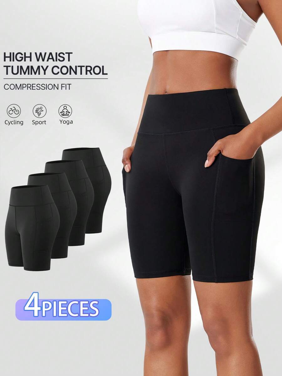 4pcs Women's Outdoor Shorts With Pockets, High Elastic Quick-Dry Breathable Sports Shorts For Running, Workout, Pilates, Yoga, Cycling, Soft And Comfortable Compression Waist Shorts - Black - View 1