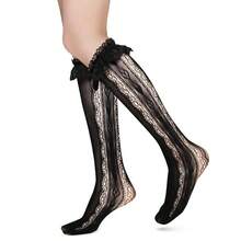 Benefeet Sox Lace Knee High Socks Women Girls Patterned Mesh Fishnet Knee High Stockings Hollow Calf Lolita Sock{"Color_name":"Black-LaceRuffleHeart"} - 黑色蕾絲荷葉邊心形 - 查看 3