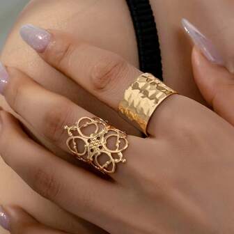 1 Set Adjustable Wide Band Gold-Tone Rings, Featuring Vintage Hollow Design - Textured Alloy, Suitable For Everyday Wear
