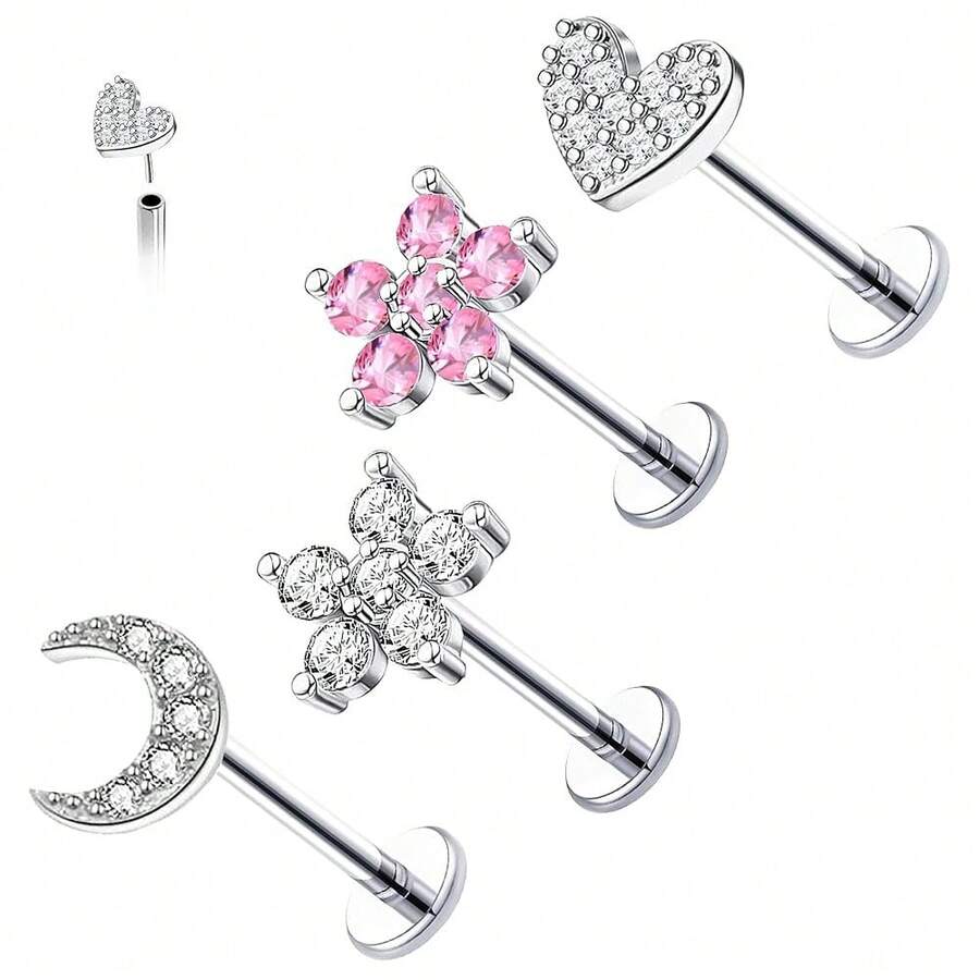 2~4PCS 16G 316L Pushin Lip Rings Butterfly And Bee Nose Stud Rings Top Push In Threadless Surgical Steel Flat Back Nose Rings Studs For Womens{"Color_name":"Silver4"} - Silver4 - View 1