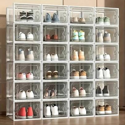 18/24pcs Shoe Storage Box, Transparent Plastic Stackable Shoe Storage For Wardrobes, Space Saving Foldable Shoe Rack Sports Shoe Storage Box, Transparent Black/Gray/White
