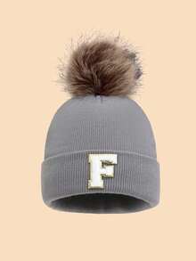 1pc Unisex 26 Letter Decor Faux Fur Pom Pom Knit Beanie Hat, Versatile Warm Windproof Casual Cap, Suitable For Autumn/Winter Outdoor Wear, Great Gift Men Women Clothing Winter