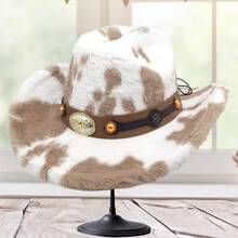Fuzzy Cow Print Hat For Men Women Wide Brim Hat Cowgirl Western Cap For Fall Winter - 卡其色 - 查看 1