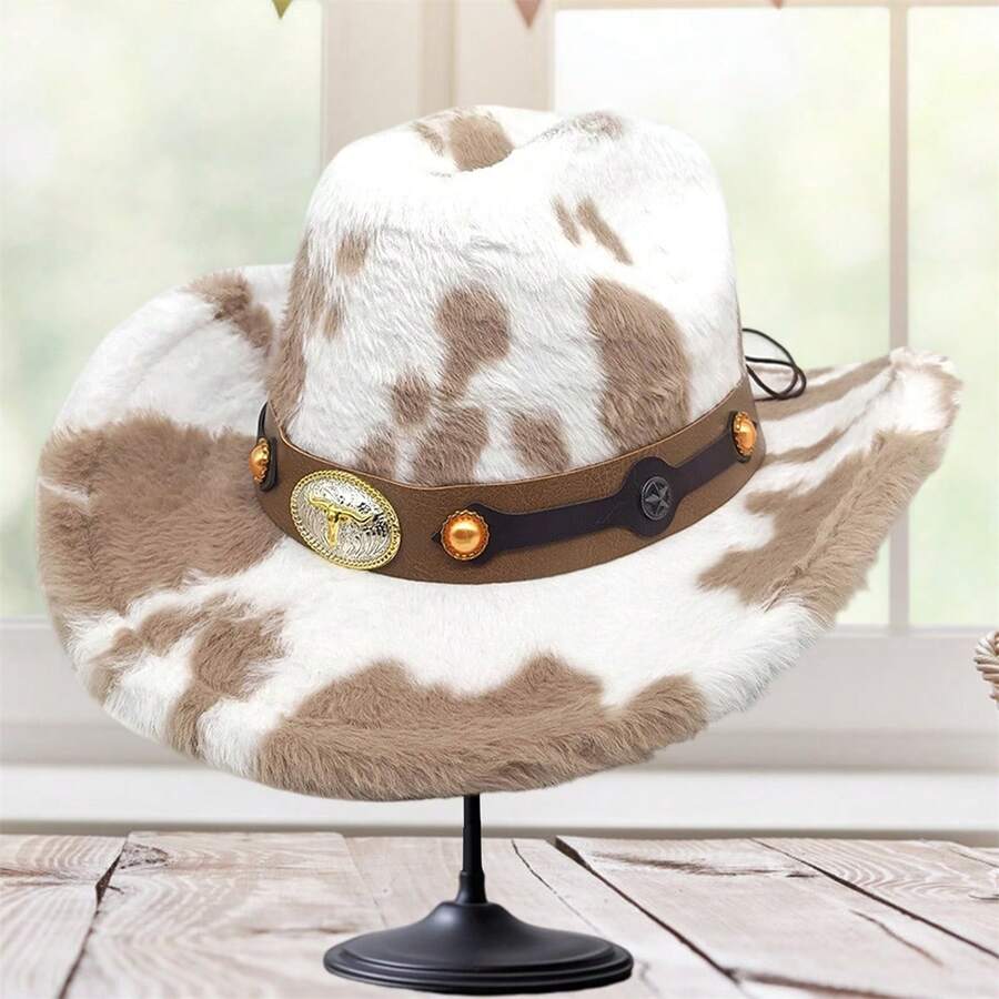 Fuzzy Cow Print Hat For Men Women Wide Brim Hat Cowgirl Western Cap For Fall Winter - 卡其色 - 查看 1