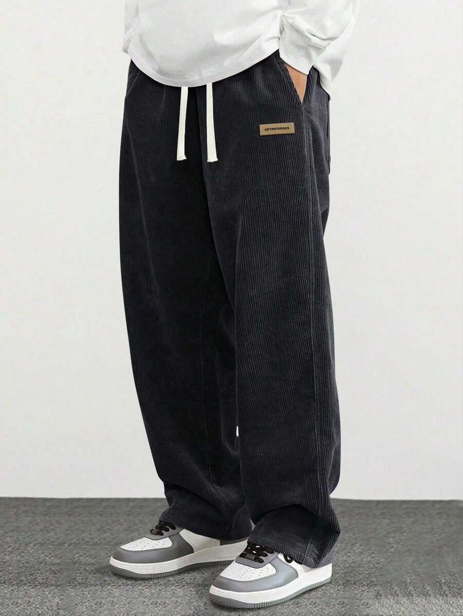 Plus Size Men's Corduroy Straight Leg Pants, Casual Loose Fit Versatile Trousers For Spring & Autumn - Black - View 1