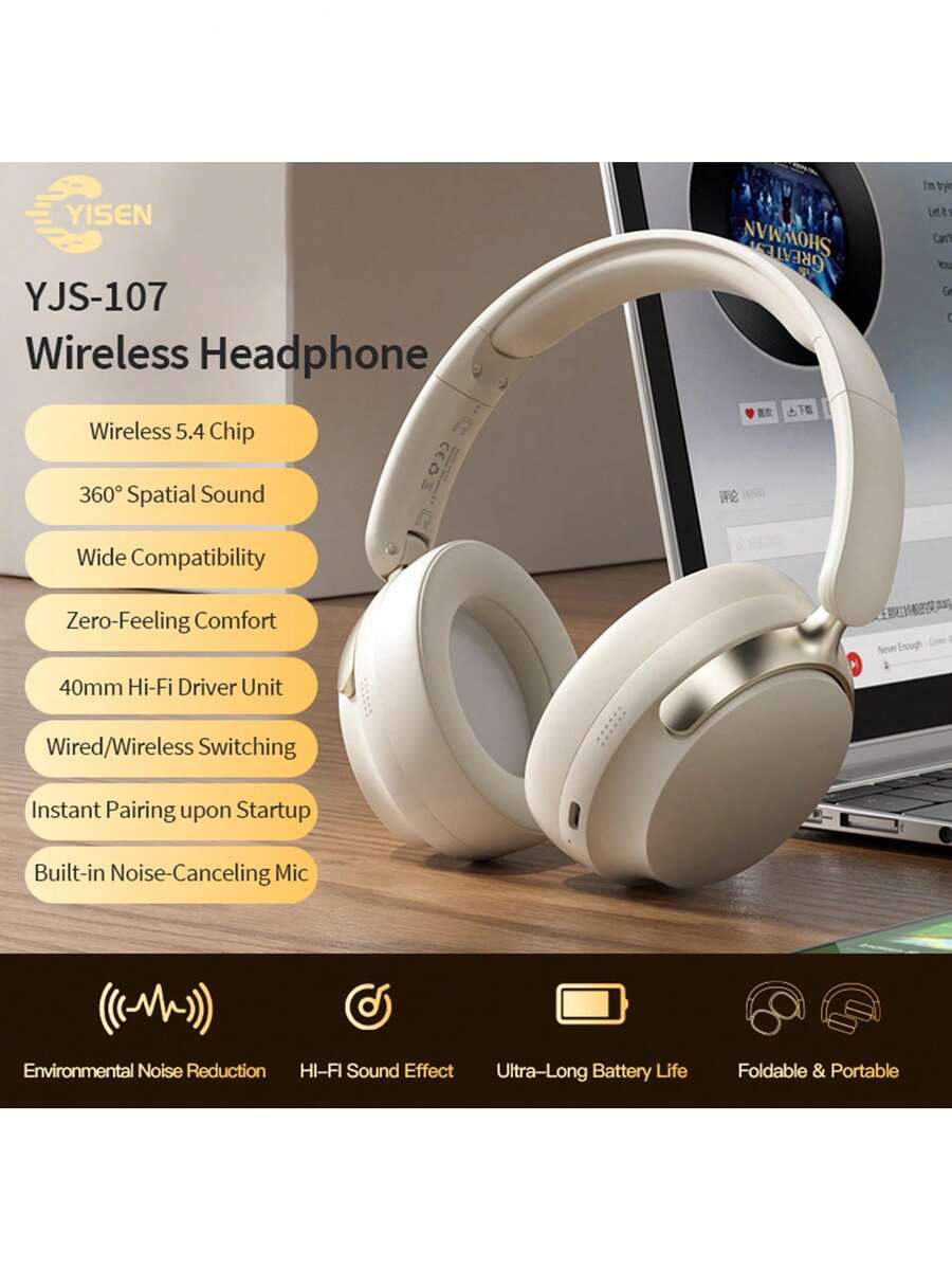 Auriculares inalámbricos Bluetooth 5.4 supraaurales Yisen YJS-107, estéreo HIFI, plegables, con micrófono con cancelación de ruido integrado, para deportes al aire libre, juegos y entretenimiento. Ideales para todos. - Beis - Ver 1