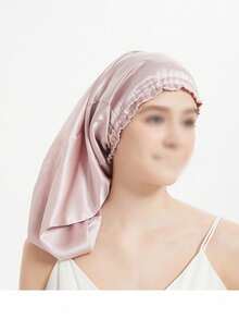 قبعة نوم طويلة من الساتان، قبعة العناية بالشعر مع حزام رقبة مطاطي، وشاح رأس من ألياف البوليستر بلون واحد