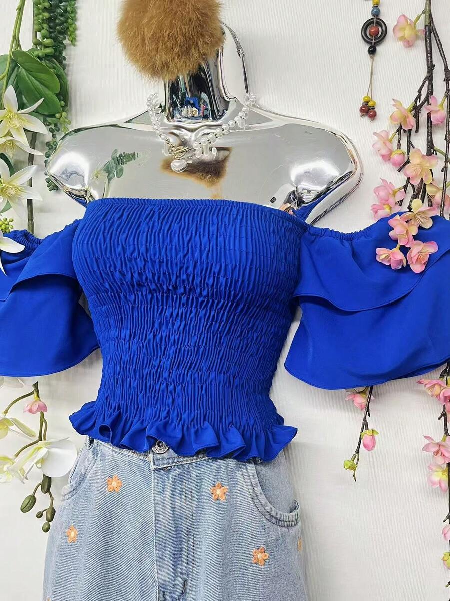 B-115Cropped Lastex Women's Long Sleeve Women's Blouse Cropped Various Colors Strapless - Xanh đậm - Xem 1