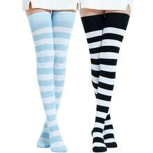 Kayhoma Extra Long Cotton Stripe Thigh High Socks Over The Knee High Socks{"Size_name":"Medium","Color_name":"Black/White&Blue/White"} - 黑/白&藍/白 - 查看 1