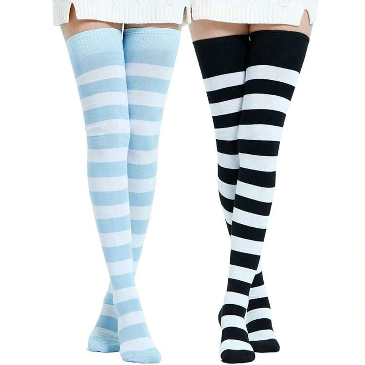 Kayhoma Extra Long Cotton Stripe Thigh High Socks Over The Knee High Socks{"Size_name":"Medium","Color_name":"Black/White&Blue/White"} - Black/White & Blue/White - View 1