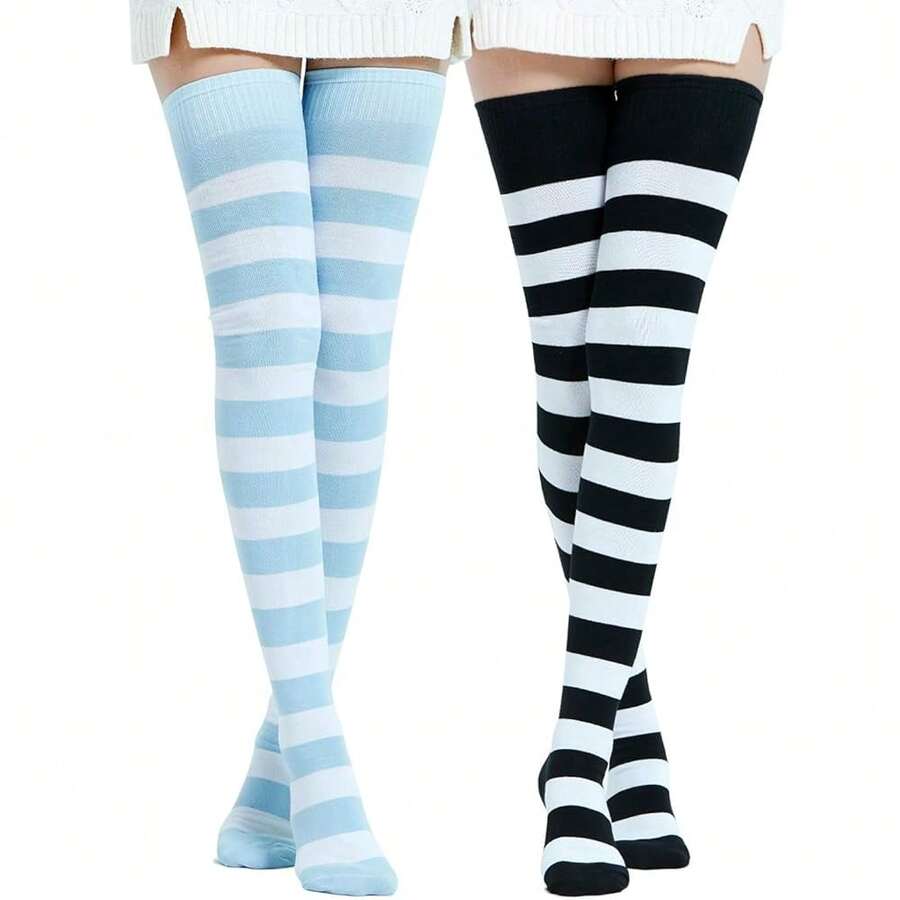 Kayhoma Extra Long Cotton Stripe Thigh High Socks Over The Knee High Socks{"Size_name":"Medium","Color_name":"Black/White&Blue/White"} - 黑/白&藍/白 - 查看 1
