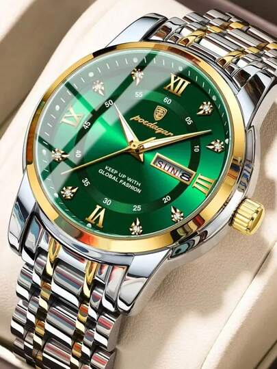 POEDAGAR 1件装男士休闲不锈钢石英双日期手表，商务防水夜光男士手表，适合日常场合的奢华男士腕表，男士礼物