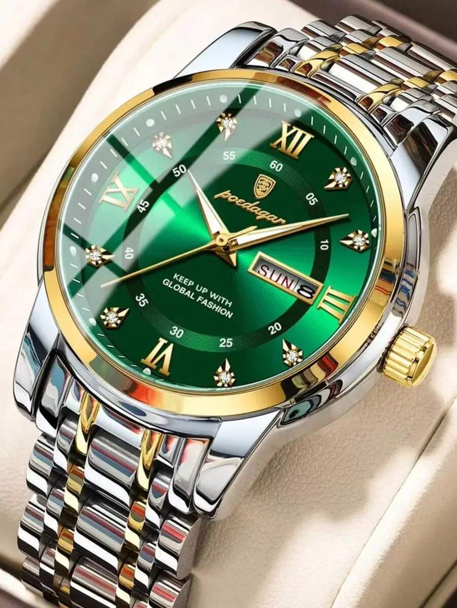 POEDAGAR 1件装男士休闲不锈钢石英双日期手表，商务防水夜光男士手表，适合日常场合的奢华男士腕表，男士礼物