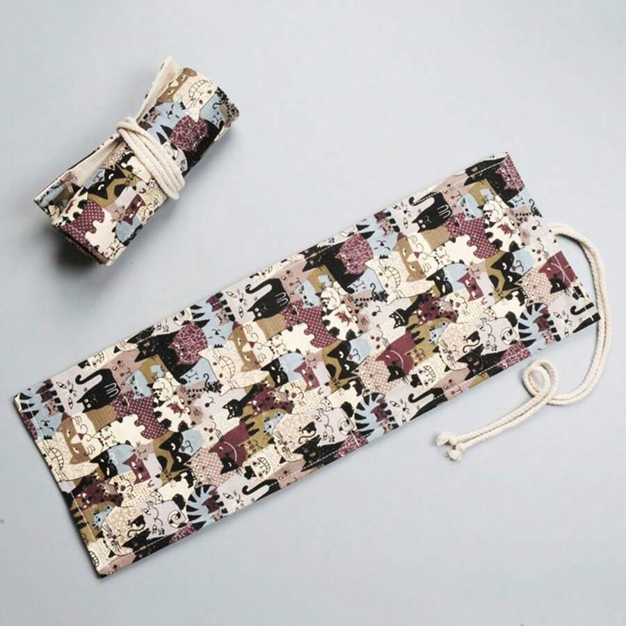 Cat Canvas Roll Up Pencil Cases Pen Curtain Pencil Bag Case Makeup Wrap Holder Storage Pouch School Supplies - Multicolor - View 1