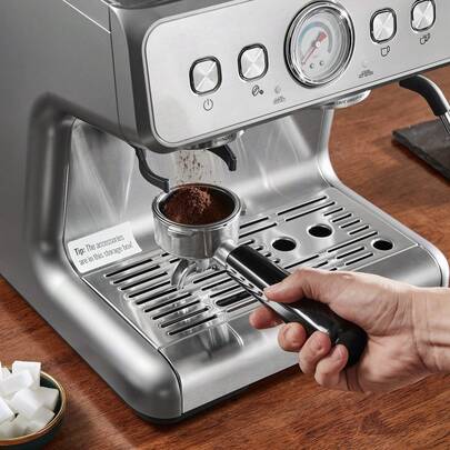 Cafetera espresso con molinillo, cafetera espresso semiautomática de 15 bares con varilla de vapor espumador de leche, tanque de agua extraíble y manómetro para capuchino, latte, machiato, sistema de control PID
